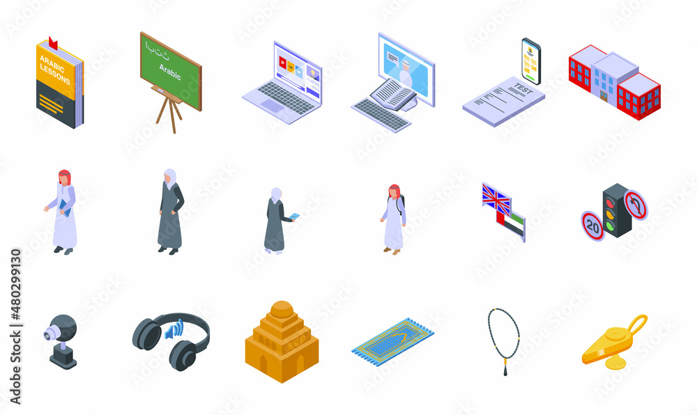 Arabic lessons icons set isometric vector. Arab joy. School lesson ...