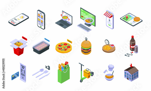 Online food ordering icons set isometric vector. Delivery drink. Tasty food photo