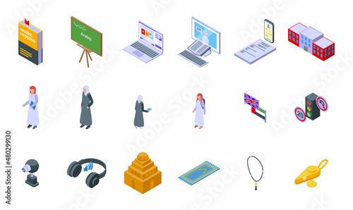 Arabic lessons icons set isometric vector. Arab joy. School lesson