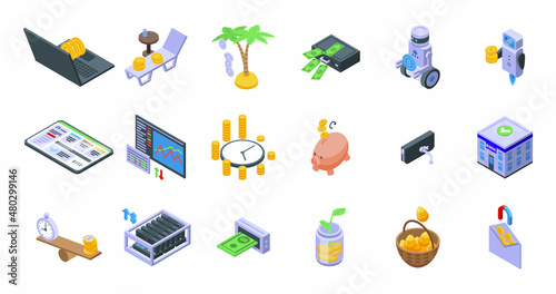 Passive income icons set isometric vector. Money fund. Invest budget