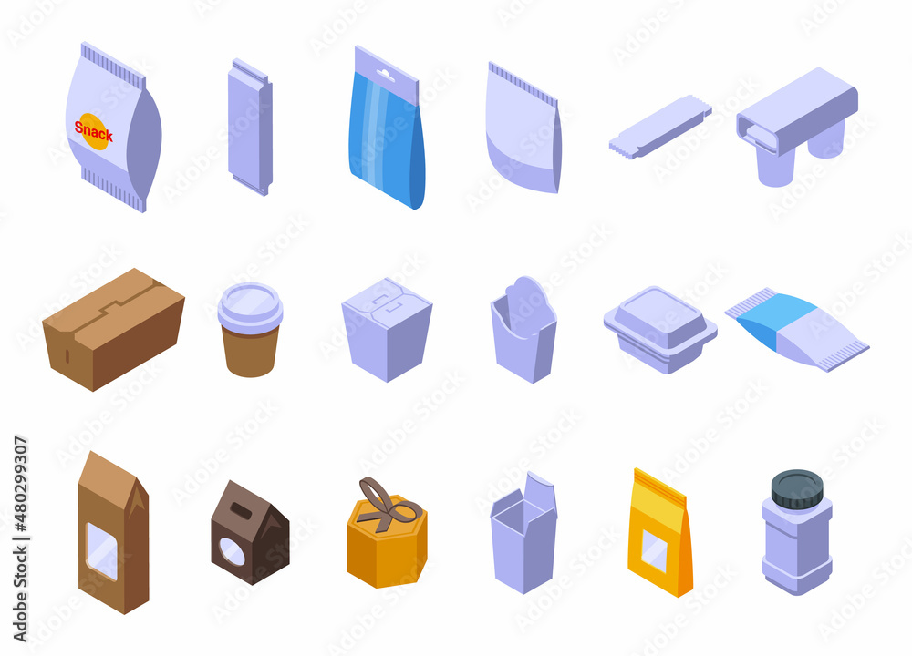 Snack pack icons set isometric vector. Candy bag. Soda bottle Snack pack icons set isometric vector. Candy bag. Soda bottle
