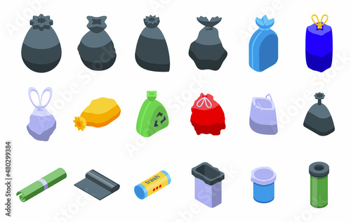 Bag for trash icons set isometric vector. Food garbage. Dirty dustbin