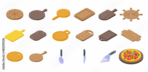 Wooden pizza board icons set isometric vector. Wood shield. Pizza food