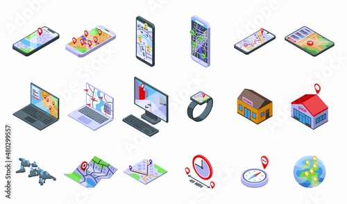 Store locator icons set isometric vector. Office travel. Area map