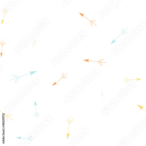 Seamless pattern with arrows. Abstract geometric pattern with orange, blue and pink arrows. Random, chaotic pastel background with cute arrows.