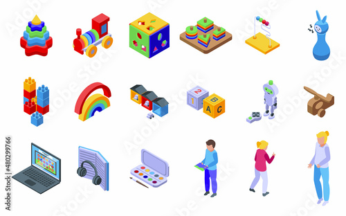 Early educations icons set isometric vector. Baby learn. Children read