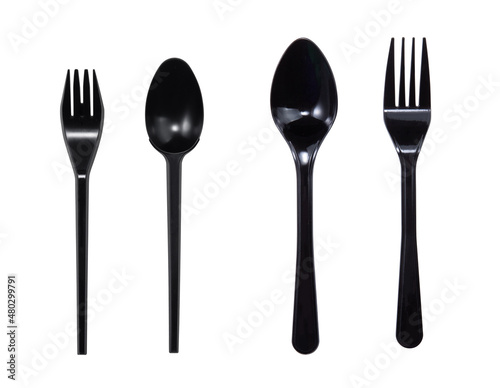 Black plastic fork and spoon isolated on white background with clipping path.