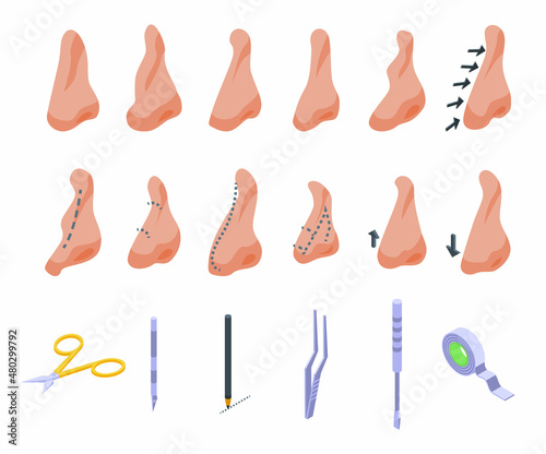 Rhinoplasty icons set isometric vector. Human nose. Closed open