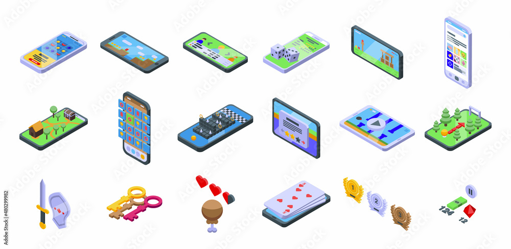 Gameplay icons set isometric vector. Competition computer. App internet Gameplay icons set isometric vector. Competition computer. App internet