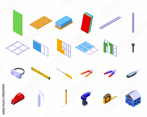Drywall icons set isometric vector. House brush. Plasterboard construction