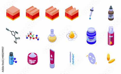 Collagen icons set isometric vector. Skin acid. Skincare oil
