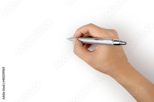 Hand holding a pen isolated on white background with clipping path
