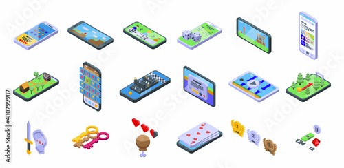 Gameplay icons set isometric vector. Competition computer. App internet