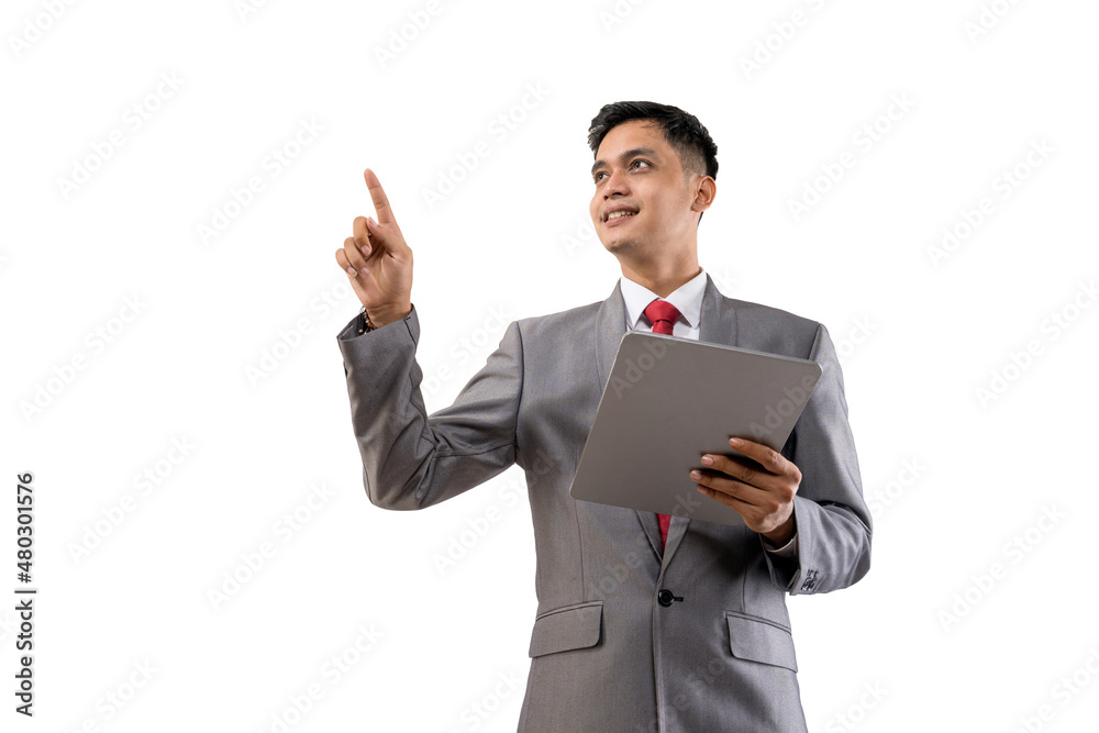 businessman holding tablet pc isolated over white background