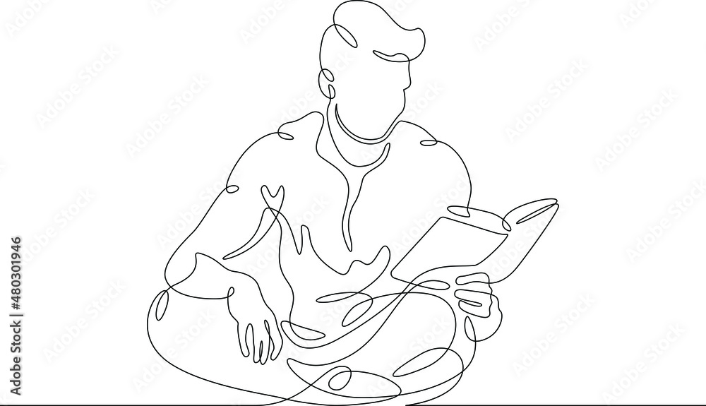 One continuous line.Man reads a book. A student reads a textbook. Library and Education.Continuous line drawing.Lineart isolated white background.