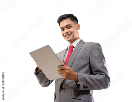 businessman holding tablet pc isolated over white background