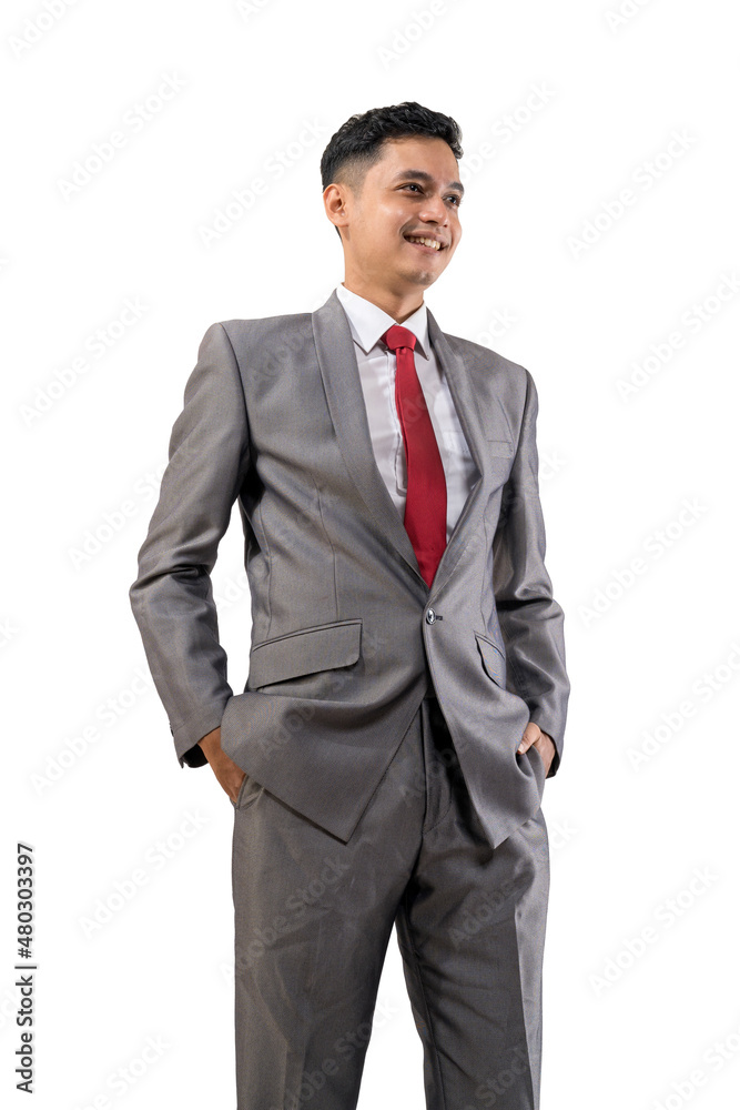handsome businessman put his arm on a pocket isolated over white background handsome businessman put his arm on a pocket isolated over white background
