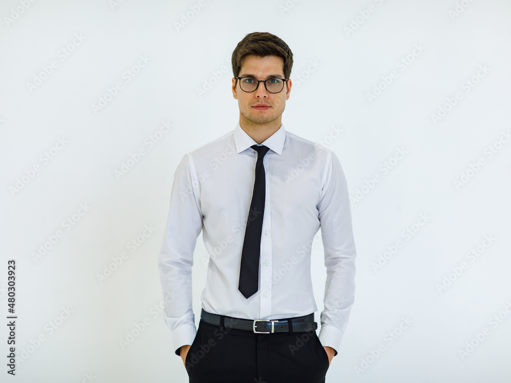 Fototapeta premium Portrait isolated studio cutout shot of Caucasian success professional male businessman employee in formal business outfit and necktie standing smiling crossed arms look at camera on white background.