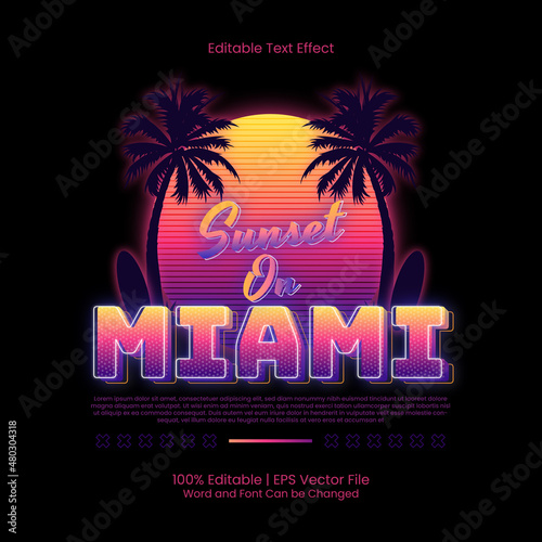 Editable text effect - Sunset On Miami Apparel T-shirt design retro 90s style