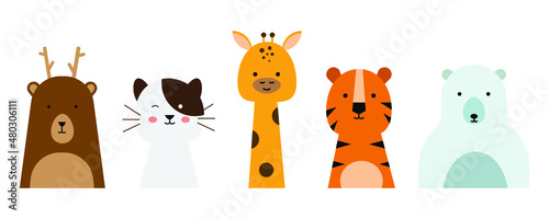 Fototapeta Naklejka Na Ścianę i Meble -  set of cute animal illustrations in flat design style. a simple drawing of an animal's head. cat, giraffe, tiger, etc. an element vector decoration for kid's design.