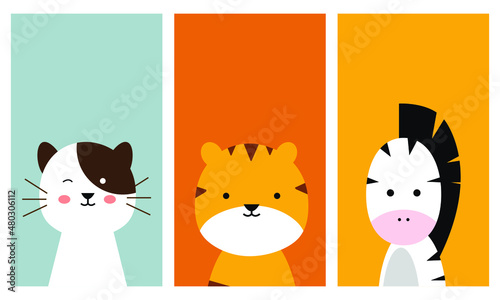 set of cute animal illustrations for phone lock screen and wallpaper. cat, tiger, and zebra. editable vector in flat design style.
