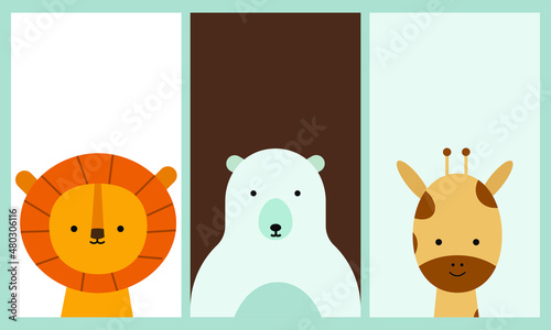 set of cute animal illustrations for phone lock screen and wallpaper. lion, polar bear, and giraffe. editable vector in flat design style.
