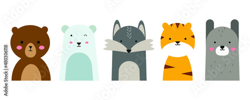 set of cute animal illustrations in flat design style. a simple drawing of an animal's head. bear, fox, tiger, etc. an element vector decoration for kid's design.