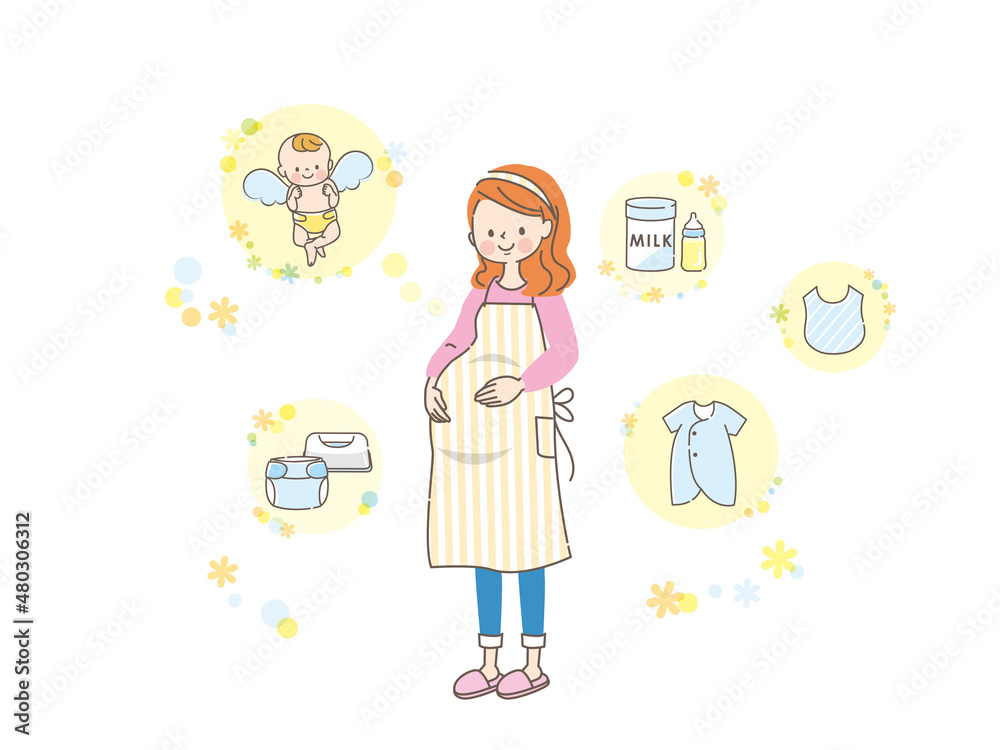 出産の準備を考える妊婦とベビー用品セット