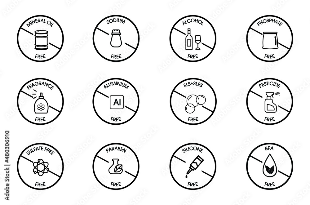 black icon set of mineral oil, sodium, alcohol-free, phosphate-free, fragrance-free, aluminum-free, SLS sles free, pesticides free, sulfate-free, paraben-free, silicon free, BPA free vector black icon set of mineral oil, sodium, alcohol-free, phosphate-free, fragrance-free, aluminum-free, SLS sles free, pesticides free, sulfate-free, paraben-free, silicon free, BPA free vector