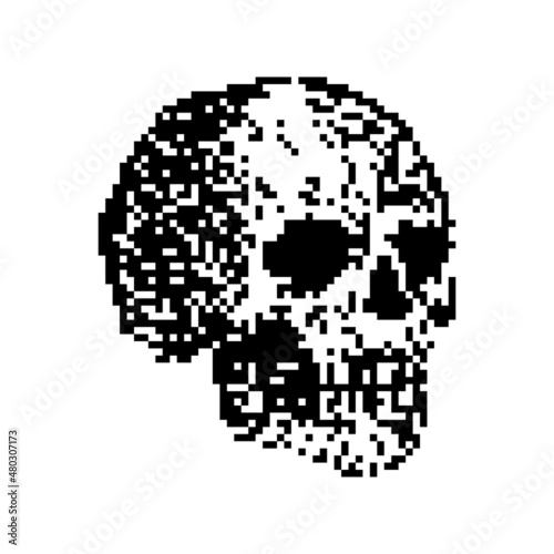 Skull pixel art. pixelated Skeleton head. 8 bit vector illustration. Old video game graphics