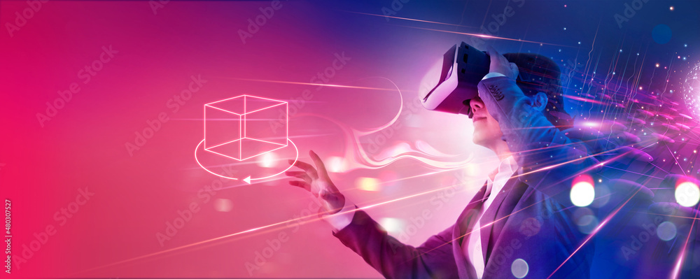 .Metaverse Technology concept. Businessman use VR virtual reality ...