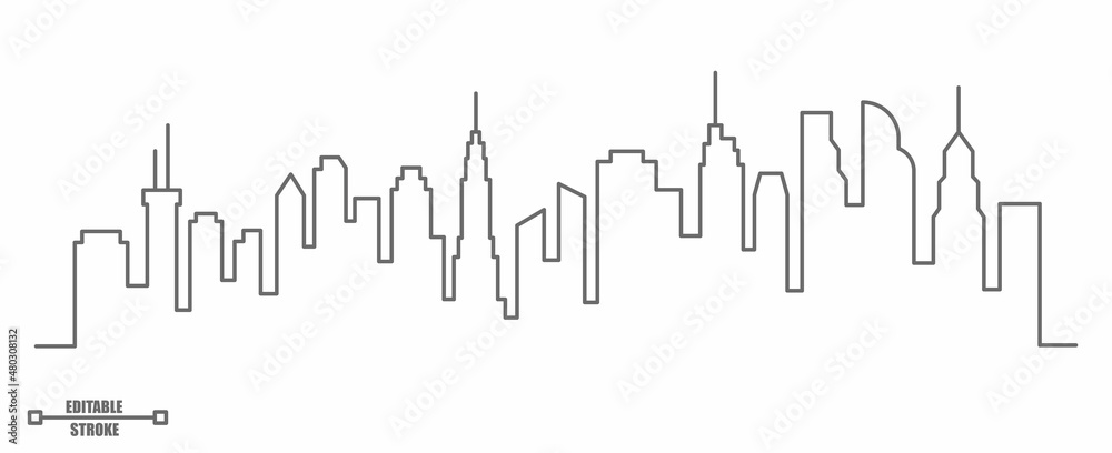 City outline panoramic landscape. Continuous one line buildings drawing. Skyscrapers silhouette. Minimalistic vector editable illustration. EPS 10