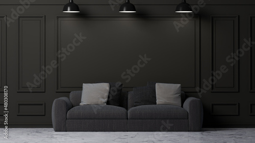 Modern stylish dark living room interior with cozy dark grey sofa