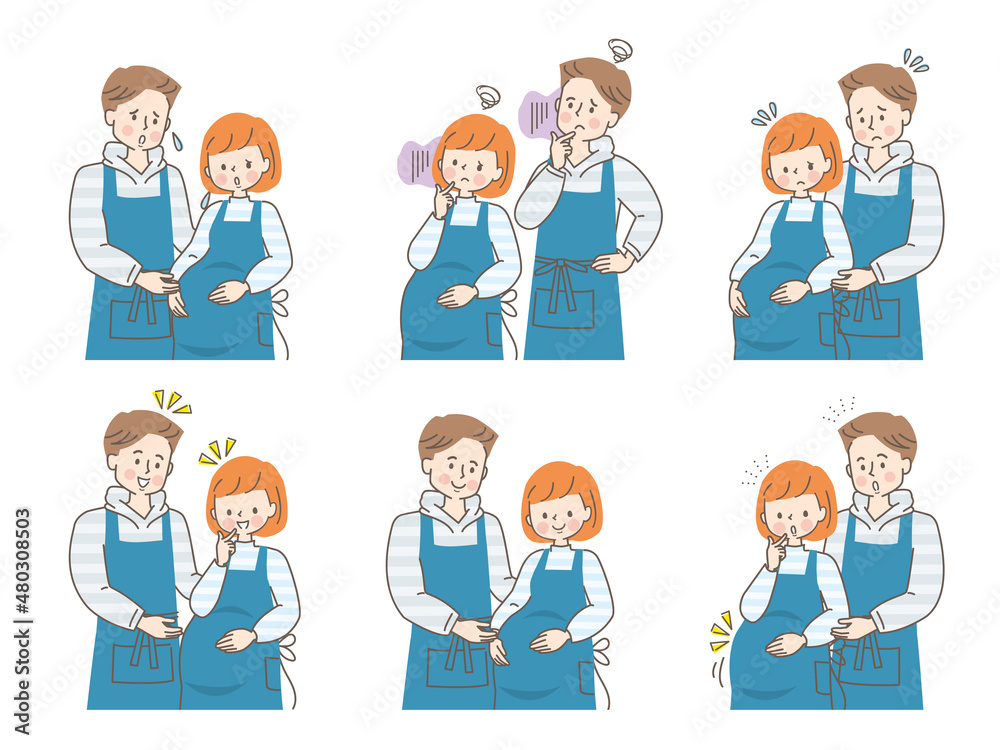 心配する妊婦と寄り添う夫の表情セット