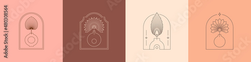 Boho Logos with Vases and Palm Dried Leaves in Modern Minimalist Liner Style. Vector Bohemian Frames