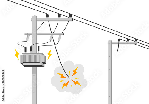 Broken electric wire of cement high voltage pole is damaged and short circuit spark electric current cause danger on white background flat vector design.