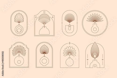 Boho Logos with Vases and Palm Dried Leaves in Modern Minimal Liner Style. Vector Bohemian Frames