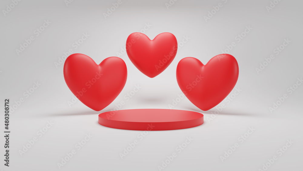 3d rendering triple valentine red heart with red podium and white background