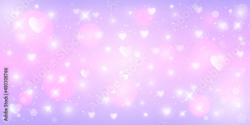 Fantasy background. Pattern in pastel colors. Pink sky with stars and hearts. Vector