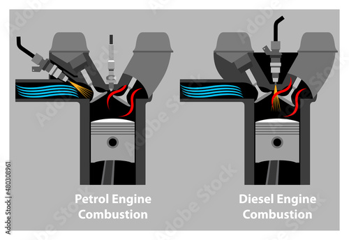 Petrol and Diesel Internal Engine Combustion Cross Section Illustration