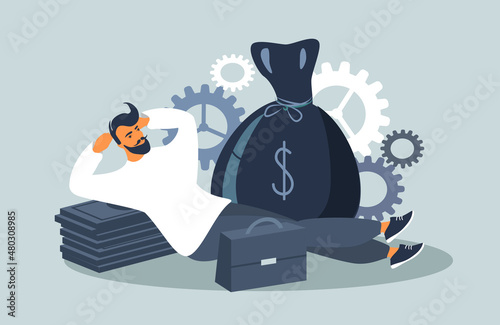 vector flat style illustration on the theme of investment, passive income. a man lies on a stack of banknotes. next to him is a large bag of money, a briefcase and gears