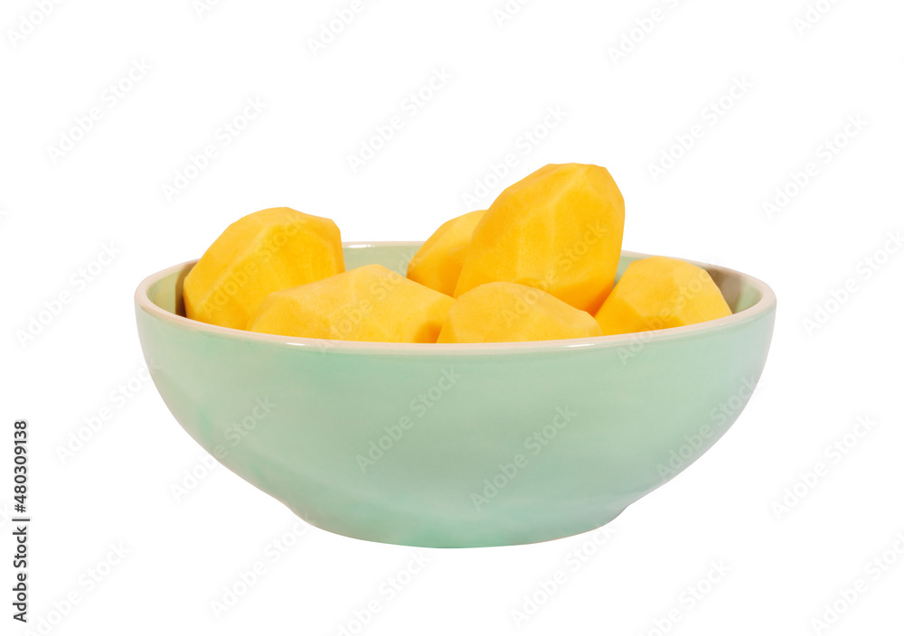 Peeled Potatoes in Plate. Isolated on White Background.