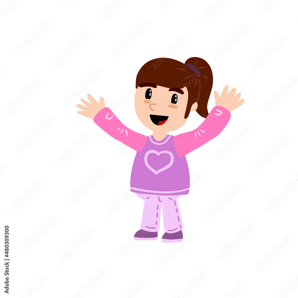 Funny Little girl. Happy child waves hand. Cute Character in pink clothes. Funny Little girl. Happy child waves hand. Cute Character in pink clothes.