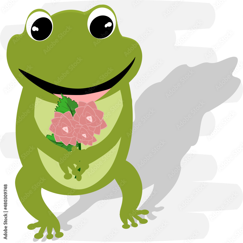 Cartoon green frog showing love, bouquet and heart. Amphibian vector ...