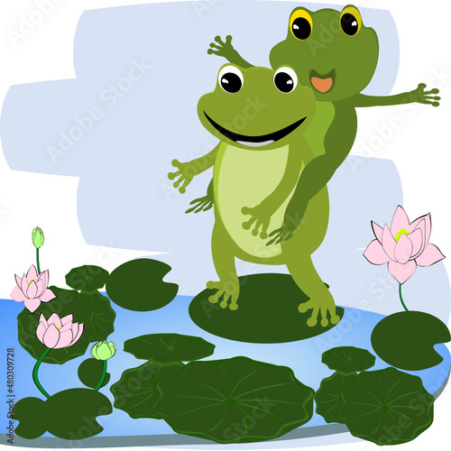 Cartoon green frog showing love  bouquet and heart. Amphibian vector illustration.