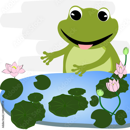 Cartoon green frog showing love  bouquet and heart. Amphibian vector illustration.