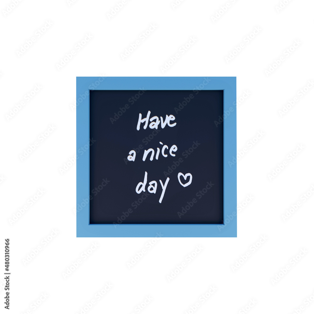3D White alphabet hand writing text Have a nice day for happy lucky message isolated on black frame background blue edge 3D White alphabet hand writing text Have a nice day for happy lucky message isolated on black frame background blue edge