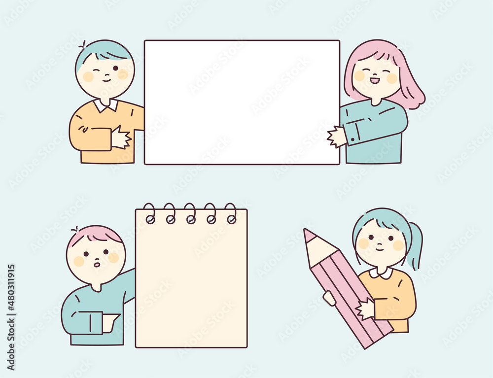 Cute student characters holding large notebooks and pens. flat design style vector illustration. Cute student characters holding large notebooks and pens. flat design style vector illustration.