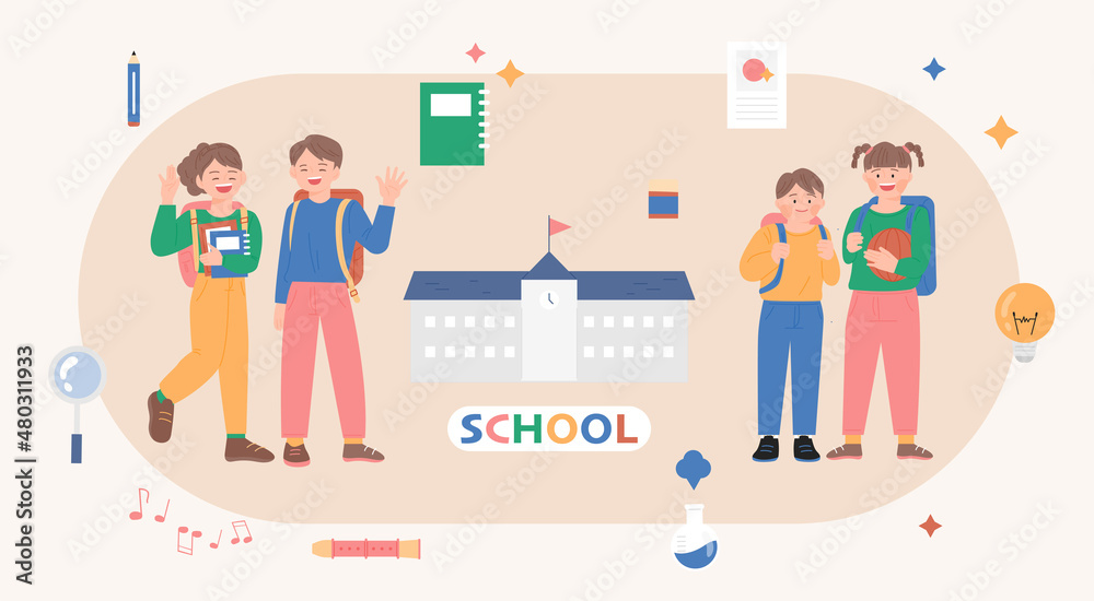 Cute children with school bags are standing waving their hands. Around them are icons of school and school supplies. flat design style vector illustration.