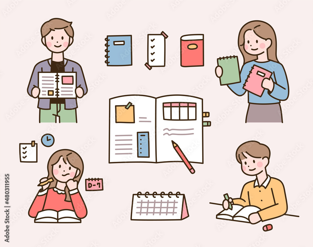 Cute student characters are taking notes in a notebook. A note with stickers and notes. flat design style vector illustration.
